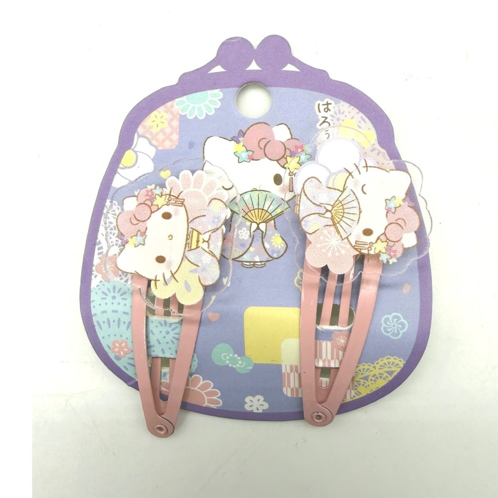 Sanrio Hello Kitty Kimono Fan Pink Snap Hair Clip Set 2pc Kawaii Accessory Japan